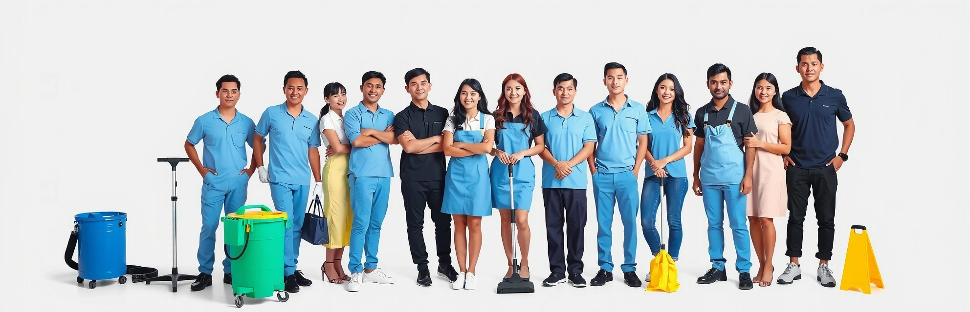 Professional cleaning team posing together in front of cleaning equipment